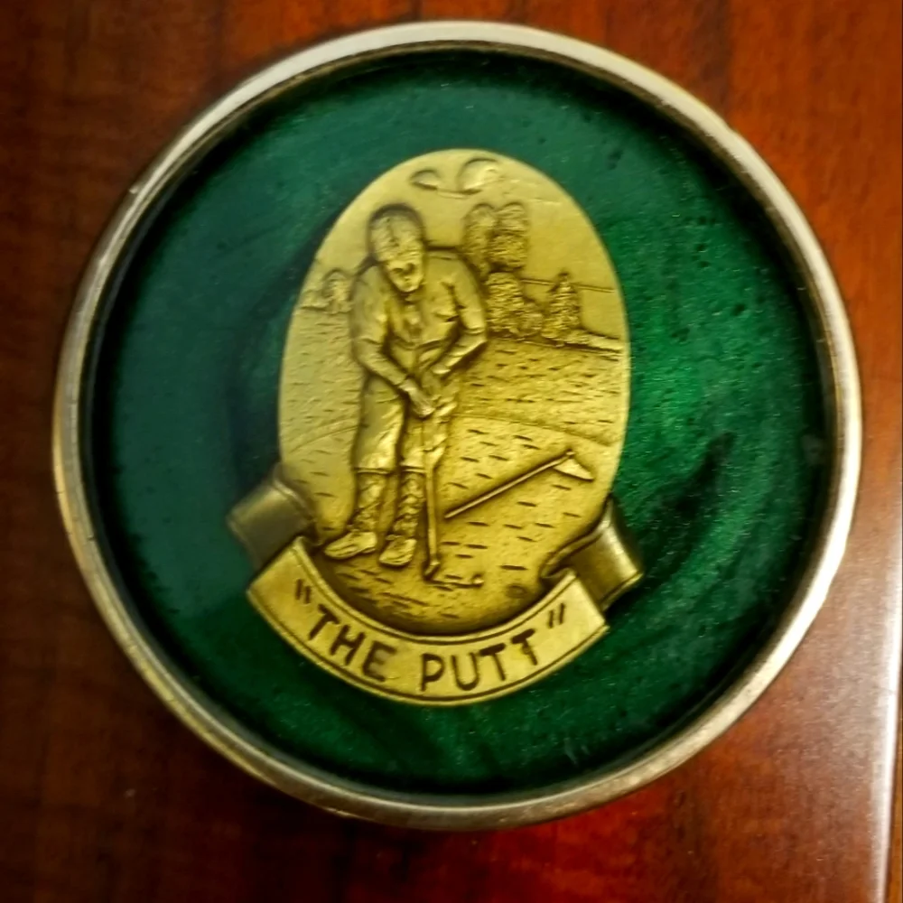 (3) Brass Medallion Green Marbled Golf Themed Coasters